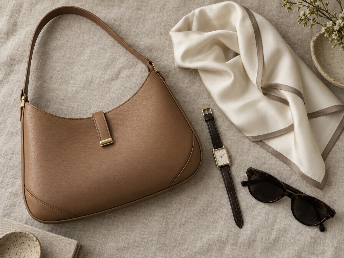 Tan leather bag, ivory silk scarf, watch and sunglasses arranged on linen.