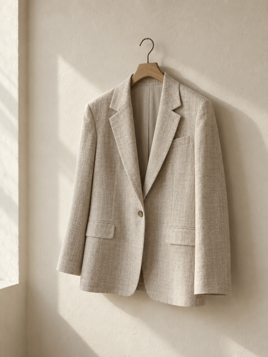 An oatmeal linen blazer hanging on a wooden hanger in natural light.
