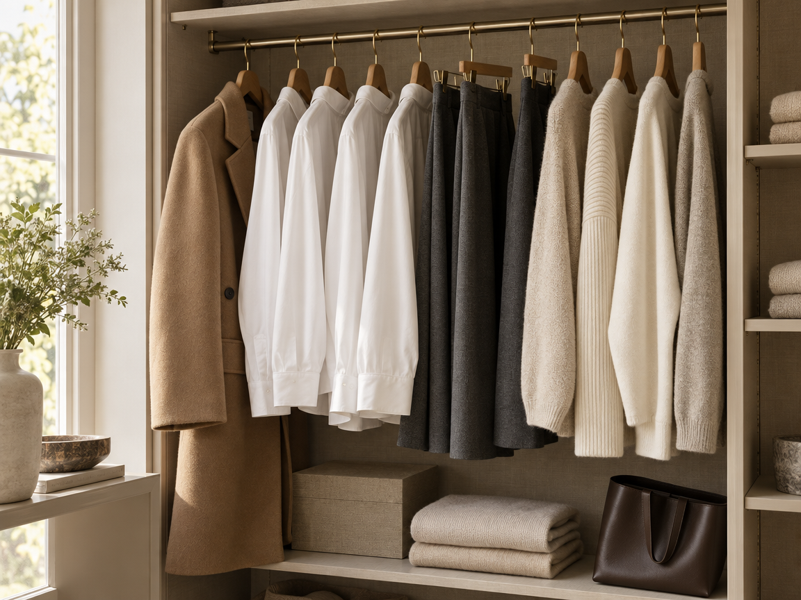 A neatly organized capsule closet of camel, white, charcoal and cream pieces.