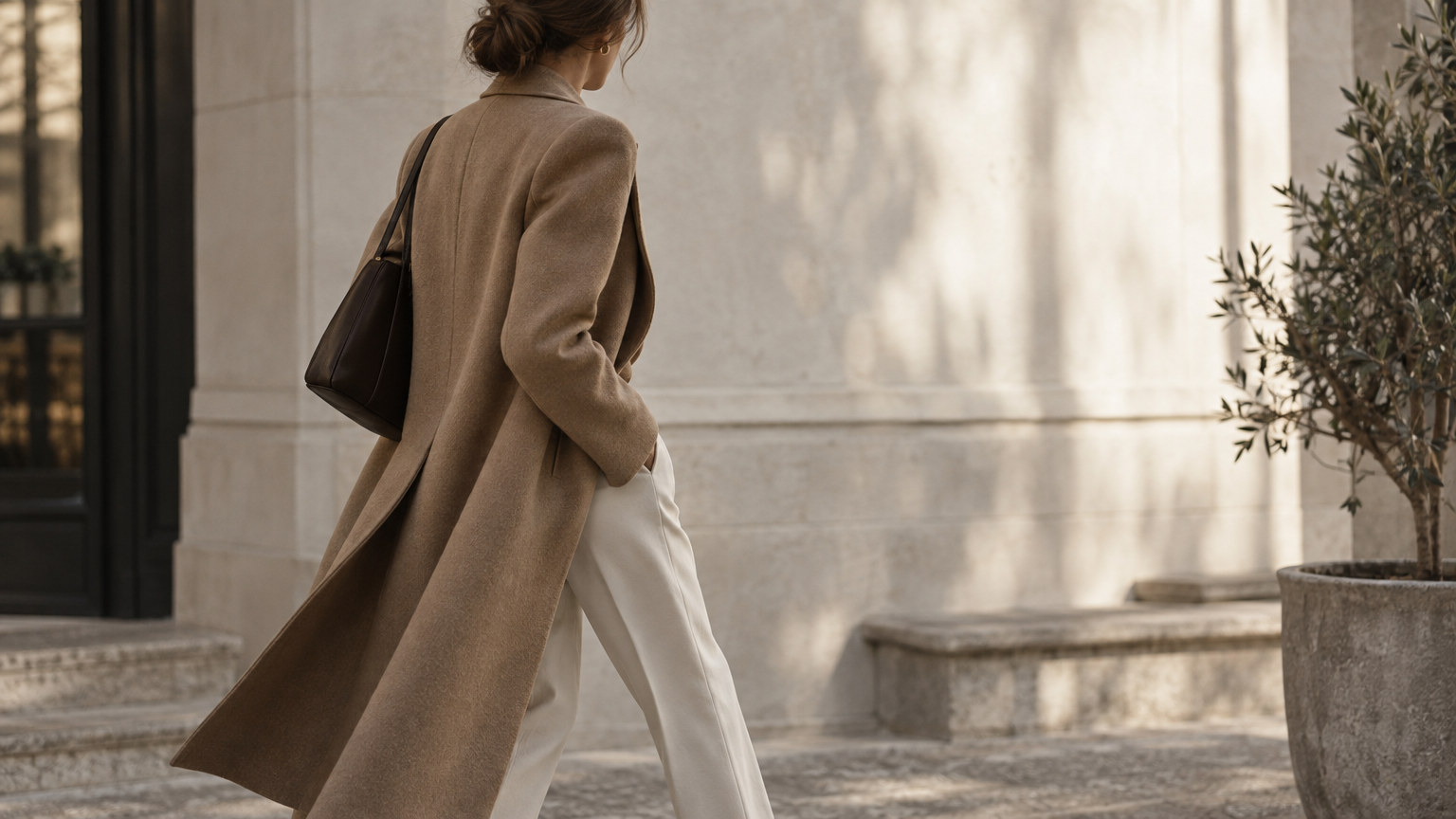 A woman in a camel wool coat and cream trousers walking past a sunlit stone facade, face turned away.