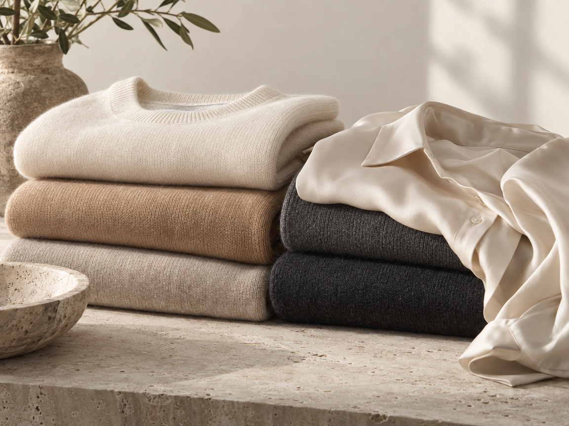 Folded cream, camel and charcoal cashmere with a draped silk shirt.
